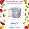 Insulated Thermal Bags 11" x 8.5" x 5.5"; Pack of 50 Silver Cold Shipping Boxes for Frozen Fish; Gusseted Foil Insulated Box Liners Keep Temperature;